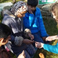 group of children being helped to make craft bees out of wool 